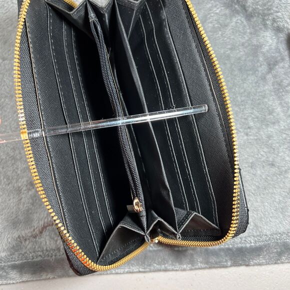 Womens Black Faux Leather Wallet Zipper Clutch Billfold HandBag ID Purse strap - Picture 2 of 5